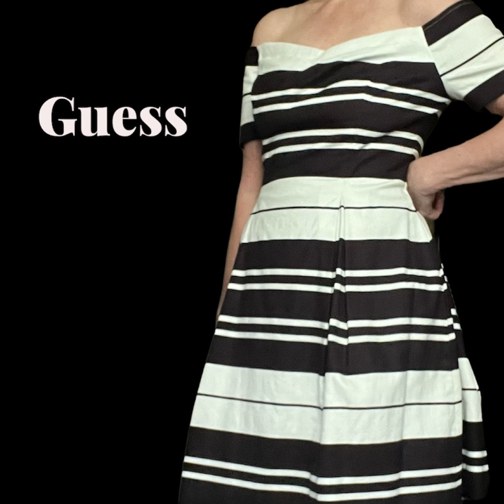 Guess Off the Shoulder black and white stripe spring dress Size 12